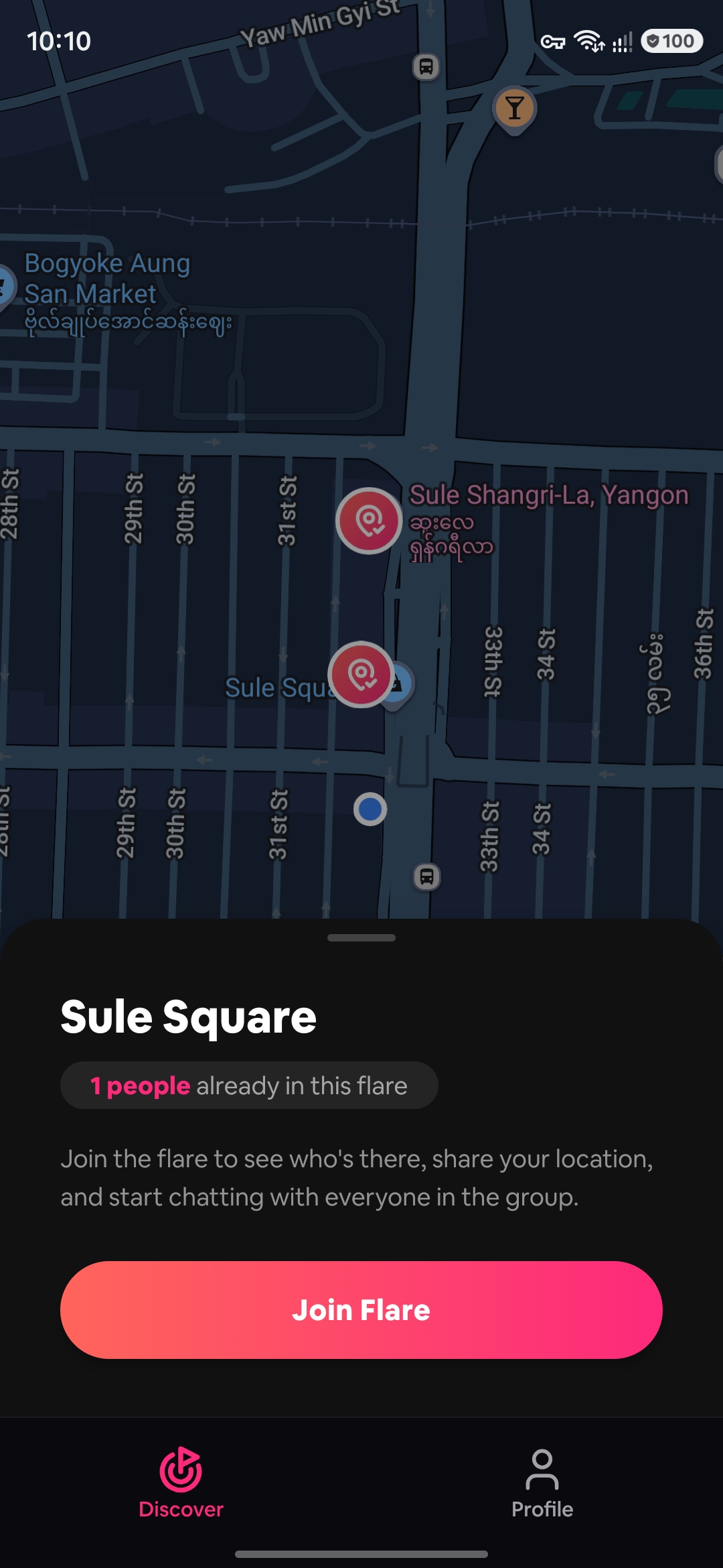 A flare at Sule Square showing how many people are in it, with a Join Flare button