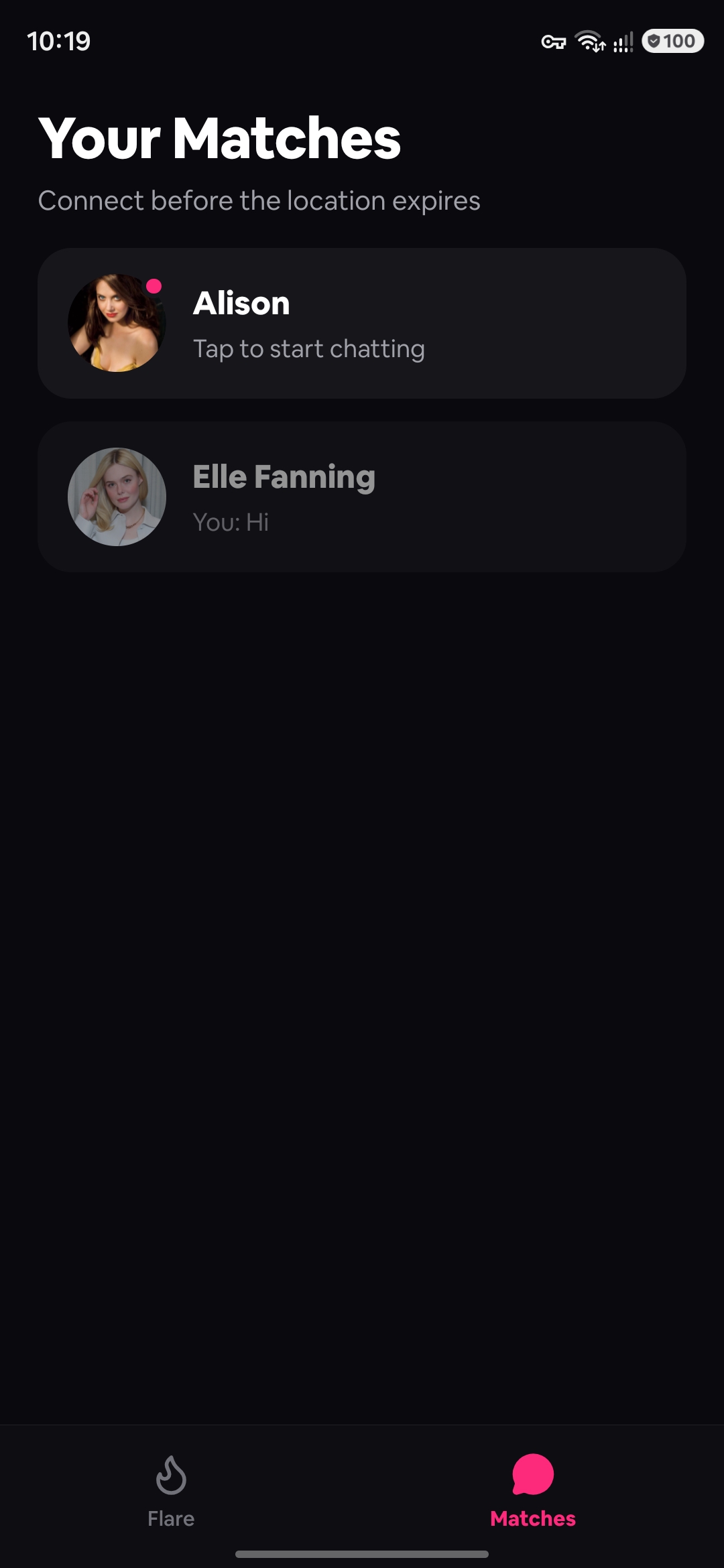 Matches screen listing new matches and conversations