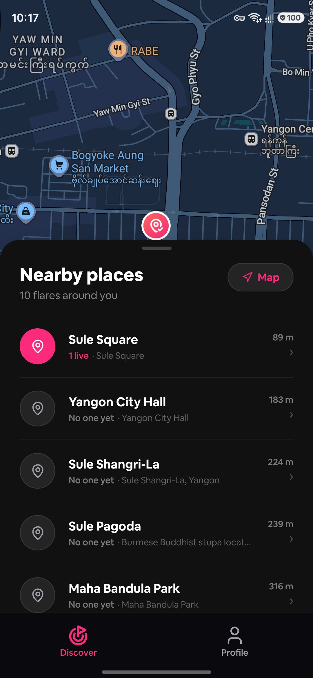 Nearby places sheet listing flares by distance and who is live