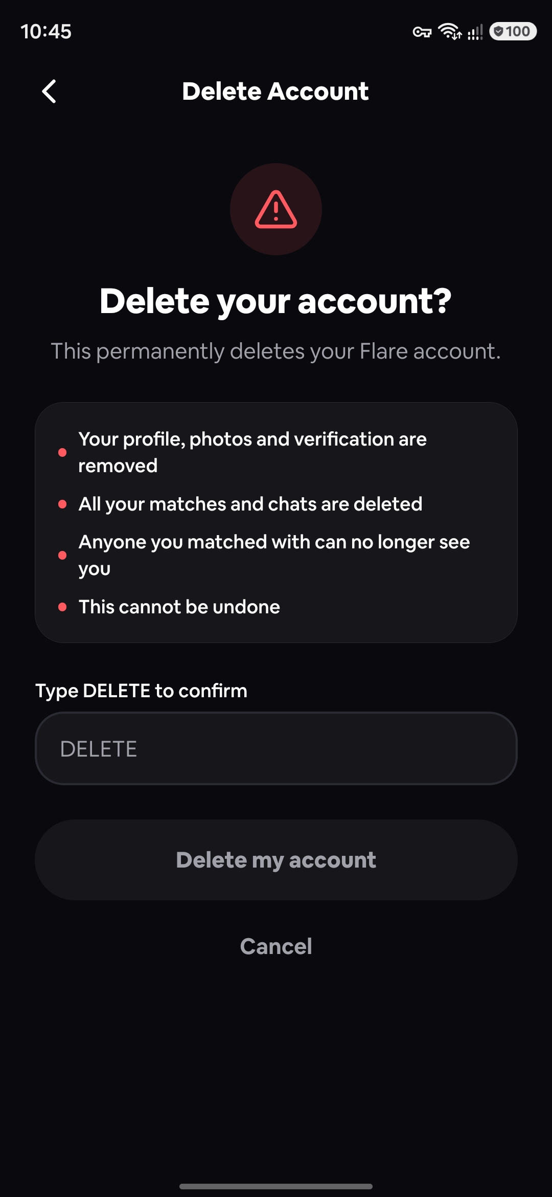 Delete Account screen asking you to type DELETE to confirm