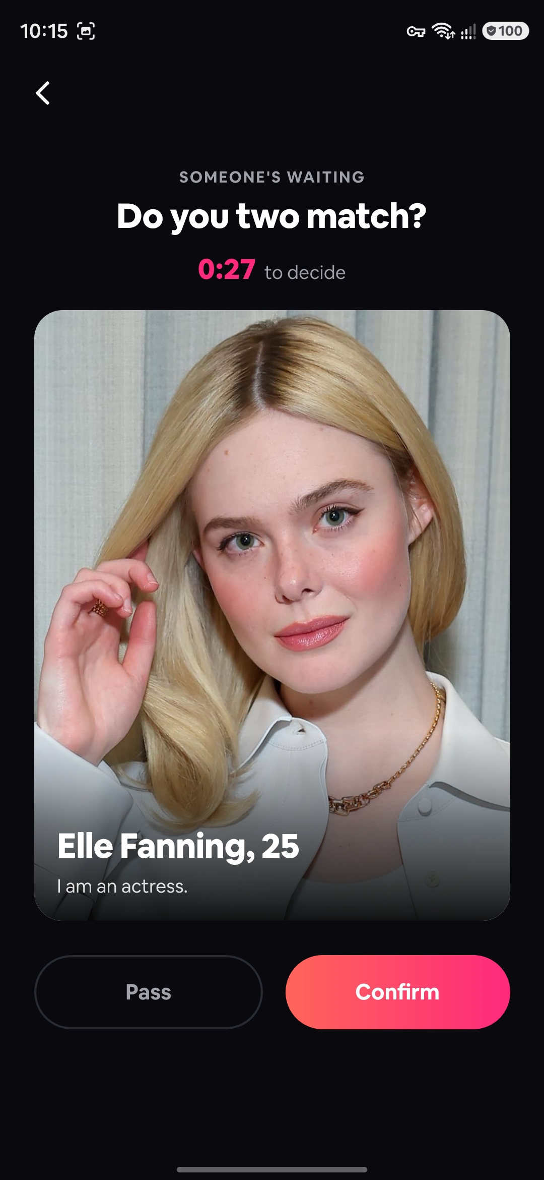 Random Match proposal with a partner card and a 30-second timer