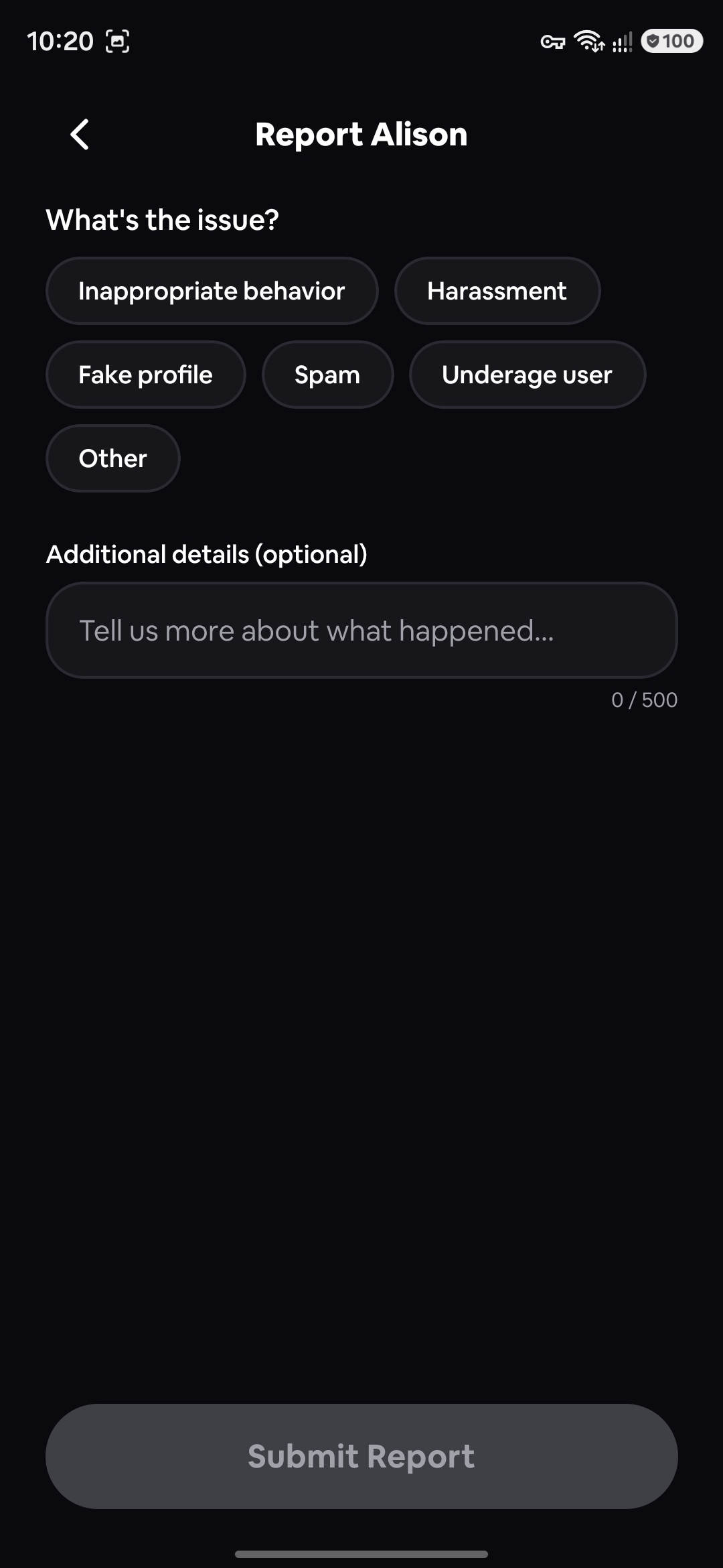 Report screen with reasons and an optional details field